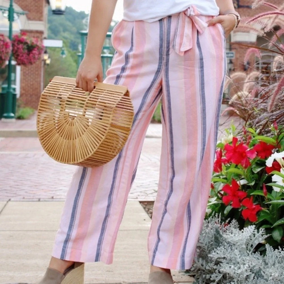 NWT LOFT Petite Striped Tie Waist Pants - Picture 1 of 8